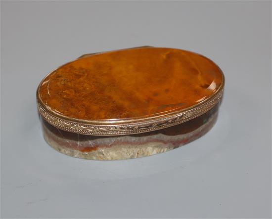 A 19th century gilt metal mounted hardstone snuff box W.9cm